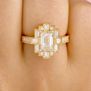 Art Deco Vintage Ring, 2 CT Emerald Cut Moissanite Engagement Ring, Antique Baguette Halo Moissanite Wedding Ring, 14K Yellow Gold Ring Gift