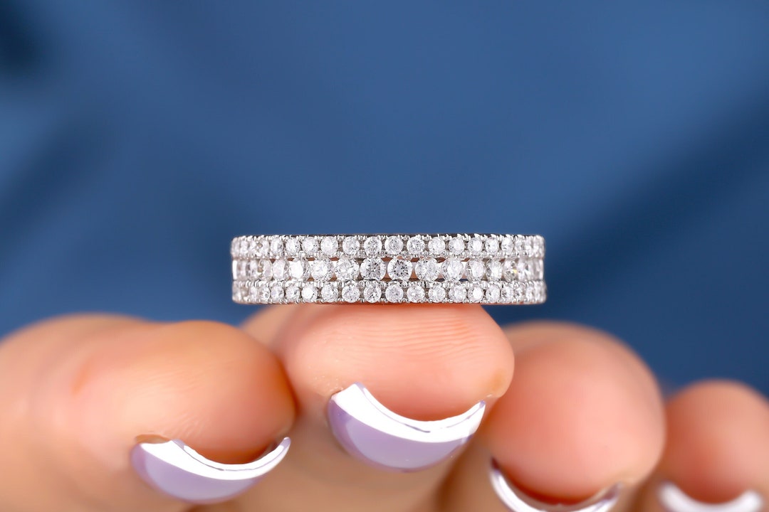 Round Cut Moissanite Wedding Band, 14K White Gold Half Eternity Ring ...