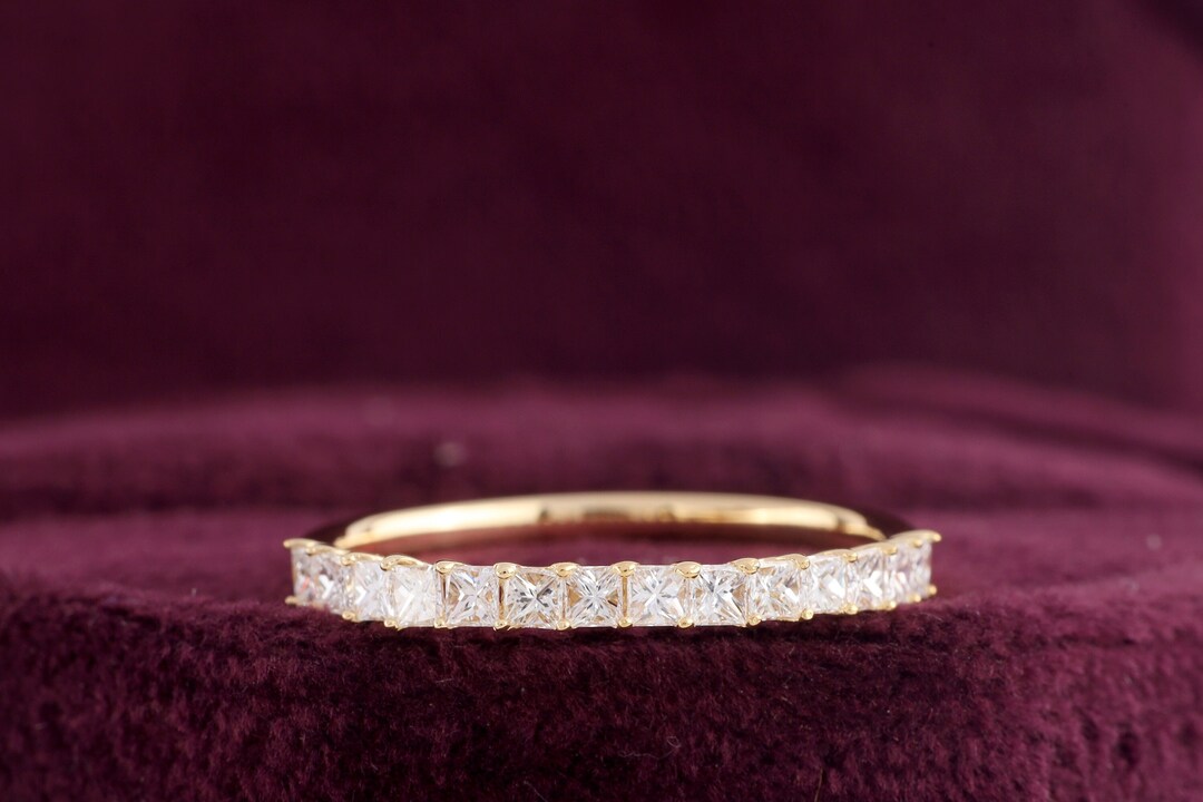 Princess Cut Moissanite Wedding Band, 14k Yellow Gold Half Eternity ...