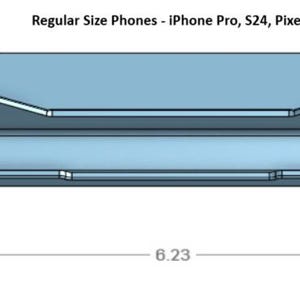 May include: A light blue phone holder with dimensions labeled. The holder is 6.23 inches long and 0.594 inches high. Text at the top reads "Regular Size Phones - iPhone Pro, S24, Pixel."