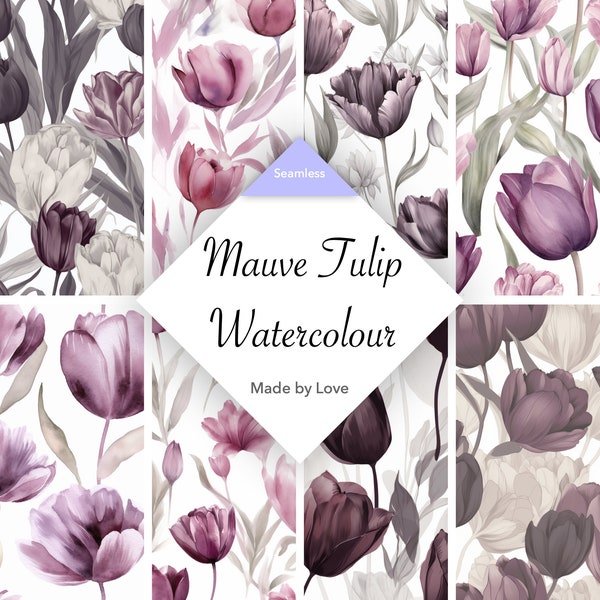 Mauve Tulip Watercolour Digital Paper - 8 Seamless Patterns - 14x14 inch - Floral Backgrounds - Commercial Use - Instant Download