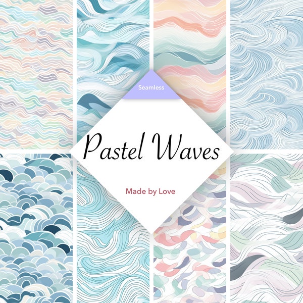 Blue Waves Digital Paper - 8 Seamless Patterns - Small Pastel Waves - 14x14 inch - Commercial Use - Instant Download