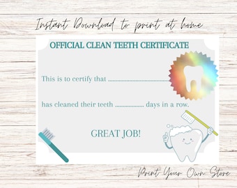 Children's teeth cleaning certificate, recognition and motivation for clean teeth, instant download, easy to print as often as needed