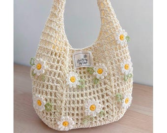 Handmade Crochet Daisy Tote Bag, Flower shoulder bag, Premium No-Stretch Mesh Shoulder Bag, Cute Floral Aesthetic Summer Bag, Halloween bag