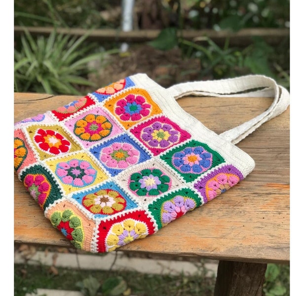 Granny square bag, shoulder bag, Africa flower summer bag, Big tote bag, Xmas Christmas gift for woman, Black friday sale off