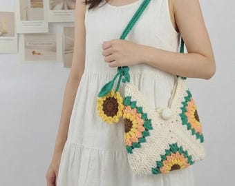 Crocheted Granny Square Sunflower Bag, Cotton Crossbody Shoulder Bag, Halloween bag, Halloween gift, Christmas gift, Xmas gift