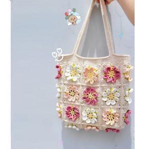 Grand sac fourre-tout, sac carré grand-mère au crochet, sac à bandoulière fait main, sac d'été à fleurs roses, cadeau pour femme, cadeau de fête des mères White _ pink