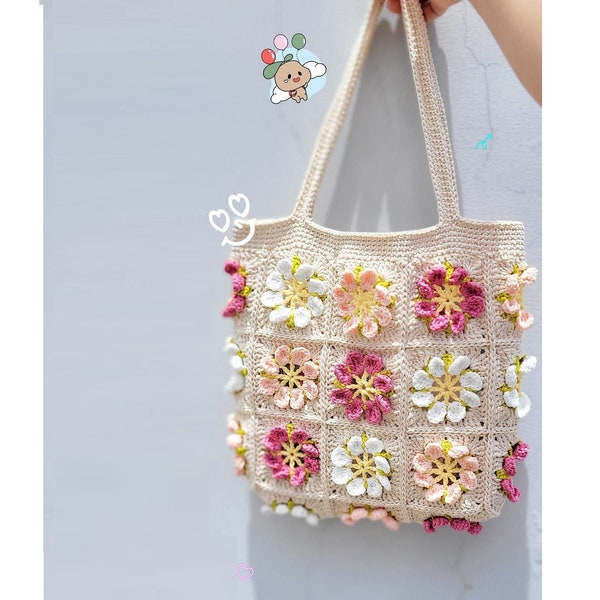 Big tote bag, Crochet Granny square bag, handmade shoulder bag, pink flower summer bag, Gift for woman, mother day gift