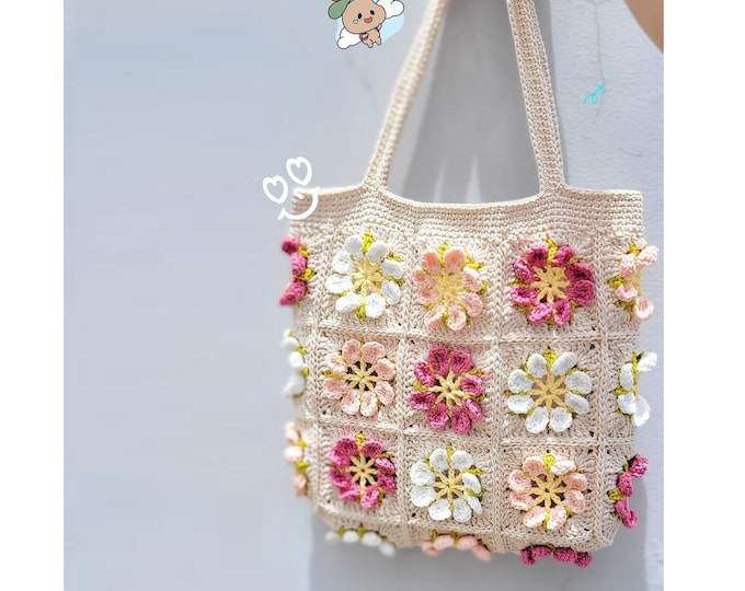 Tote bag, Crochet Granny square bag, handmade shoulder bag, pink flower summer beach bag, Halloween bag, Halloween gift, Christmas gift