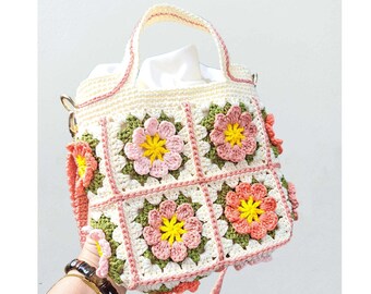 Crossbody flower bag, Crochet Granny square bag, small floral handbag, pink flower summer bag, Gift for woman, mother day gift, 20cmx20cm