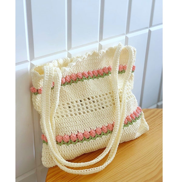 Handmade shoulder bag, crochet tulip flower bag, Tote bag for girl, Gift for woman, mother day gift