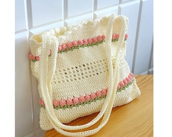 Handmade shoulder bag, crochet tulip flower bag, Tote bag for girl, Gift for woman, mother day gift