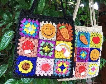 Emoji bag, Big tote bag, Crochet Granny square bag, handmade shoulder bag, patch work bag, Gift for woman, mother day gift