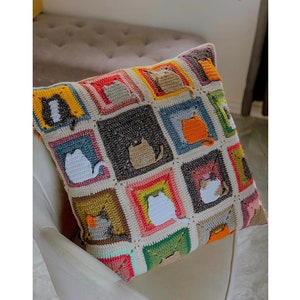 Pillow cover ONLY, Decorative pillow, Handmade crochet cat pillow, granny square pillow, Decor Chic Accents Couch Sofa, mother day gift