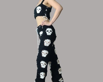 black friday sale off skull pants, crochet skull trousers, knit skull pant, set black friday sale off costume for adult, cinco de mayo