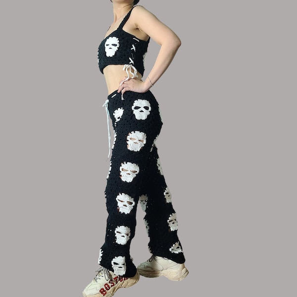 venta de viernes negro de pantalones de calavera, pantalones de calavera de ganchillo, pantalón de calavera de punto, conjunto de venta de viernes negro de disfraz para adulto, cinco de mayo