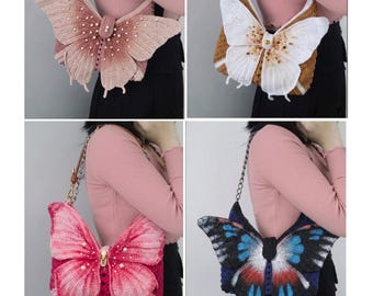 Handmade Crochet 3d Butterfly shoulder Bag, Beach Summer Butterfly crossbody Bag with beaded and acrylic colors, Halloween bag