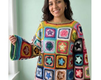 Star Granny Square Crochet Cardigan, Colorful Patchwork Sweater, Boho Retro 70s Shirt, Handmade Hippie Pullover,  Adult halloween costume