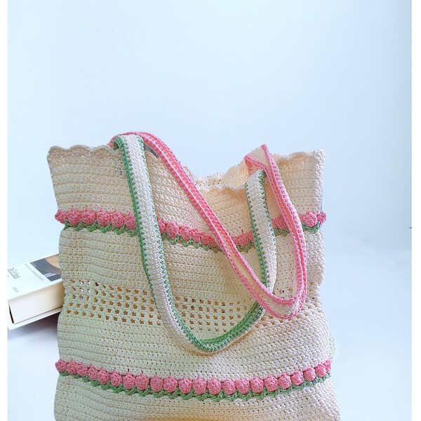 Handmade shoulder bag, crochet tulip flower bag, Tote bag for girl, Gift for woman, mother day gift