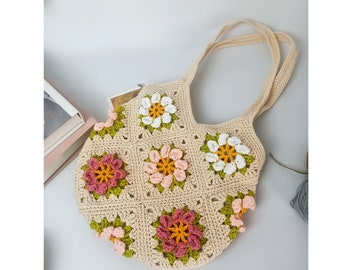 Big tote bag, Crochet Granny square bag, handmade shoulder bag, Gift for woman, mother day gift