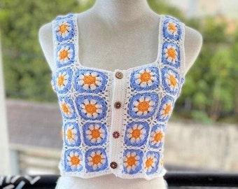 Crochet knit top, bohemian hippie top, granny square top, sexy crochet top, summer 2023 shirt, pretty top, foral shirt, mother day gift
