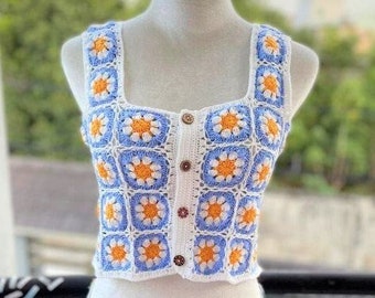 Crochet knit top, bohemian hippie top, granny square top, summer beach crochet top, pretty top, foral shirt, back to school, halloween shirt