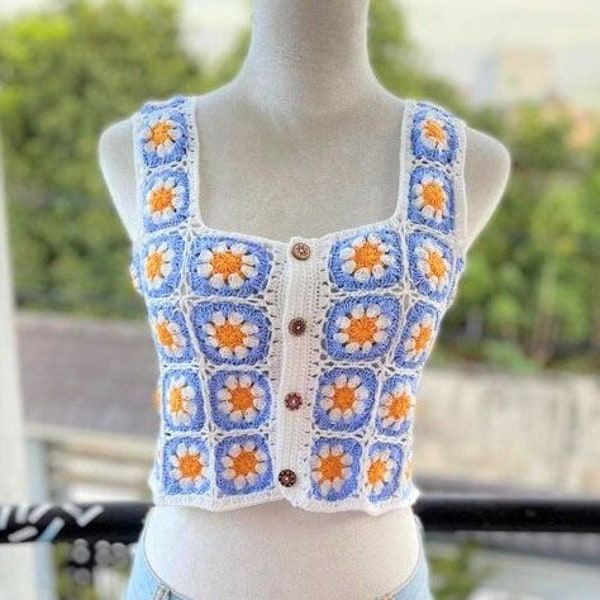 Gehäkeltes Top im Oma-Stil, Boho-Sommerhemd aus Baumwolle, Gänseblümchenmuster, Weihnachtsgeschenk