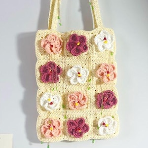 Tote bag, Hibiscus bag, Crochet Granny square bag, handmade shoulder bag, pink flower summer beach bag, Gift for girl her, back to school