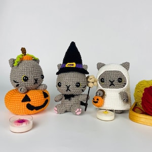 Set Halloween Cat Doll Decoration, Witch doll, Wizard doll, Pumpkin, Ghost Cat doll, Kitty Halloween decor, Cute cat doll, Halloween decor