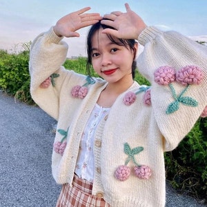 Cherry cardigan, Trendy crochet sweater, Daisy cardigan, Crochet cherry sweater, chunky knit cardigan, Halloween costume, back to school