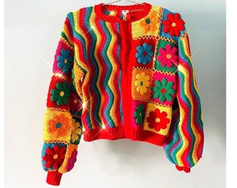 Crochet colorful flower cardigan, Trendy crochet sweater, Daisy cardigan, Crochet floral sweater, knit rainbow cardigan, Halloween costume