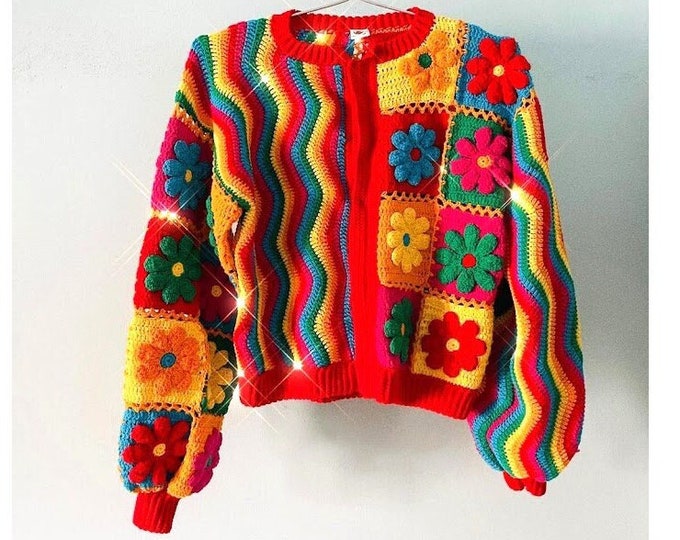 Crochet Colorful Flower Cardigan, Rainbow Zigzag Knit Sweater, Boho Country Vibe, Halloween costume for adult, Christmas gift