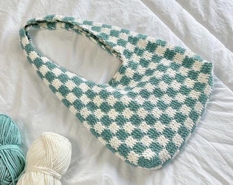 Handmade crochet shoulder bag, checkered tote bag, Knitted checkered bag, cute gift for girl woman, mother day gift, St Patrick's Day