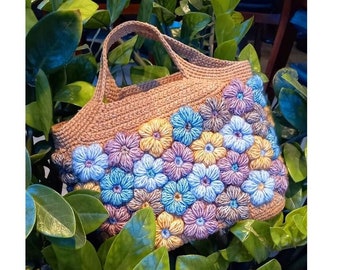 Big tote bag, puff flower bag, crochet floral bag, handmade shoulder bag, Gift for woman, mother day gift