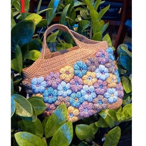 Big tote bag, puff flower bag, crochet floral bag, handmade shoulder bag, Halloween bag decoration decor