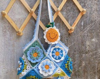 Crochet Floral Granny Square Bag with small mirror as bag charm, Boho Summer Beach Tote, Halloween bag, Halloween gift, Christmas gift
