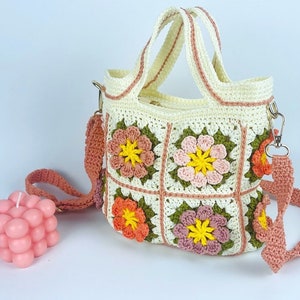 Sac à fleurs en bandoulière, sac carré de grand-mère au crochet, petit sac à main floral, sac d'été à fleurs roses, cadeau de fête des mères, cadeau de Pâques, 20 cm x 20 cm