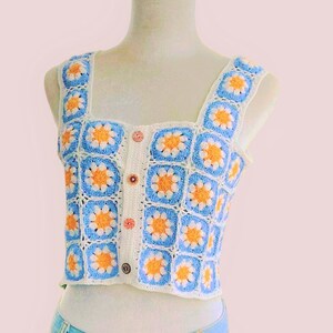 Crochet knit top, bohemian hippie top, granny square top, sexy crochet top, summer 2023 shirt, pretty top, foral shirt, mother day gift image 9