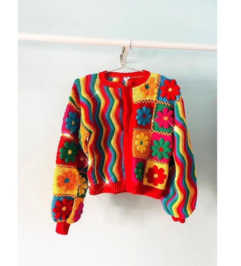 Crochet Colorful Flower Cardigan, Trendy Crochet Sweater
