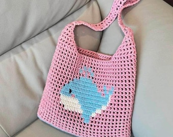 Handmade Cute Whale Crochet Tote Bag, Sparkly Pink Summer Shoulder Ba, Lined Market Bag, Ocean theme bag, Halloween bag, Christmas gift