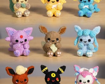Eevee crochet doll, ibui plushie stuffed dolls, Eeveelutions, Vaporeon, Jolteon, Flareon, Espeon, Umbreon, Eevee keychains, Halloween decor