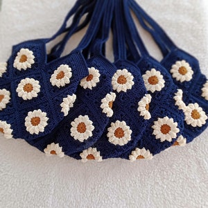 Handmade shoulder bag, tote bag, Crochet Granny square bag, , pink flower summer bag, Gift for woman, mother day gift Dark blue