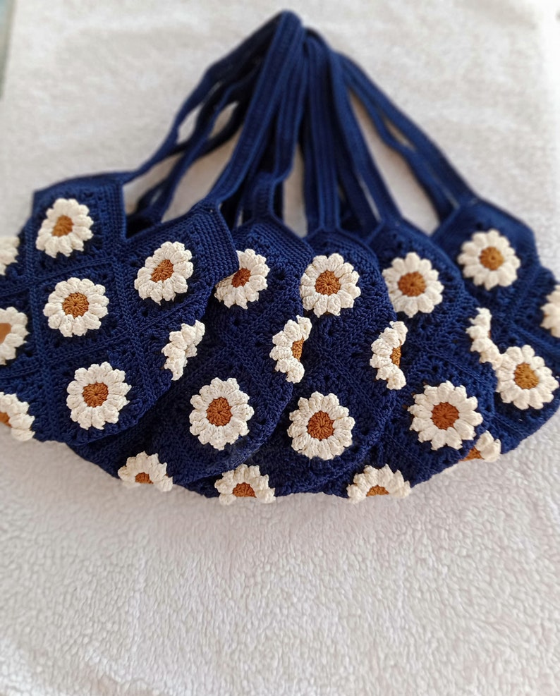Handmade shoulder bag, tote bag, Crochet Granny square bag, , pink flower summer bag, Gift for woman, mother day gift Dark blue