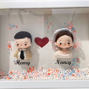 Custom Couple Doll, Wedding gift, Bride and Groom Doll,  Unique Personalized doll for wedding, Crochet doll in wooden frame, Christmas gift