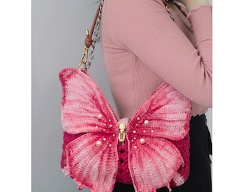 Butterfly Bag, Bag with Beaded Acrylic Colors, Pink shoulder bag, Summer Beach Crossbody Bag, Halloween bag
