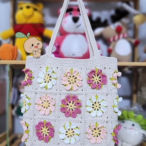 Big tote bag, Crochet Granny square bag, handmade shoulder bag, pink flower summer bag, Gift for woman, mother day gift zdjęcie 5