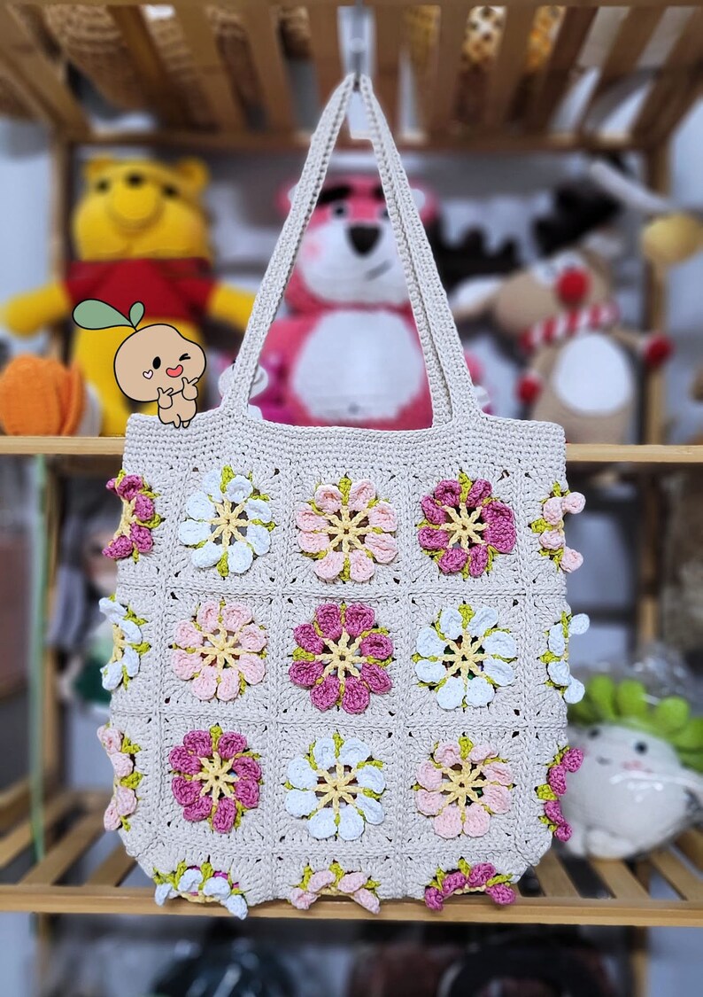 Big tote bag, Crochet Granny square bag, handmade shoulder bag, pink flower summer bag, Gift for woman, mother day gift zdjęcie 5