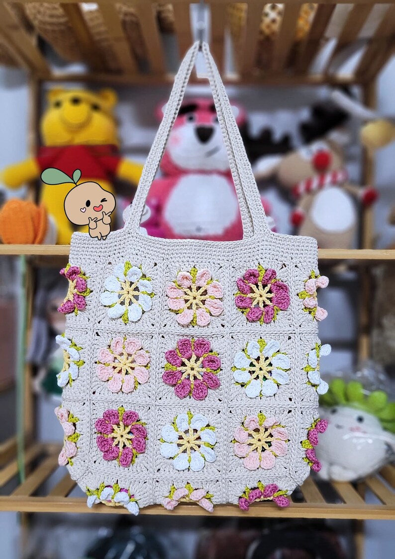 Grand sac fourre-tout, sac carré grand-mère au crochet, sac à bandoulière fait main, sac d'été à fleurs roses, cadeau pour femme, cadeau de fête des mères image 5