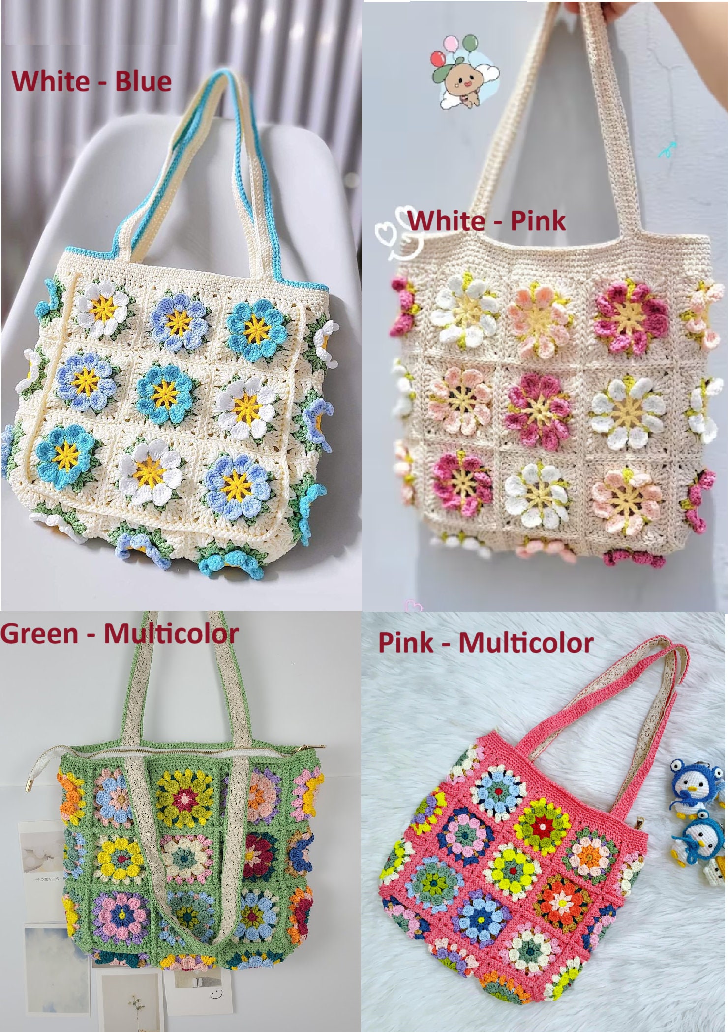 Tote bag, Crochet Granny square bag, handmade shoulder bag, pink flower summer bag, Gift for woman, Beach summer bag, back to school