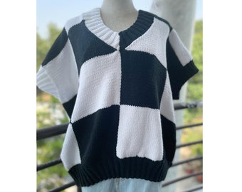Checkered sweater, check board knit vest, Wednesday vest, black and white knit vest, Halloween costume, Halloween decoration decor gift